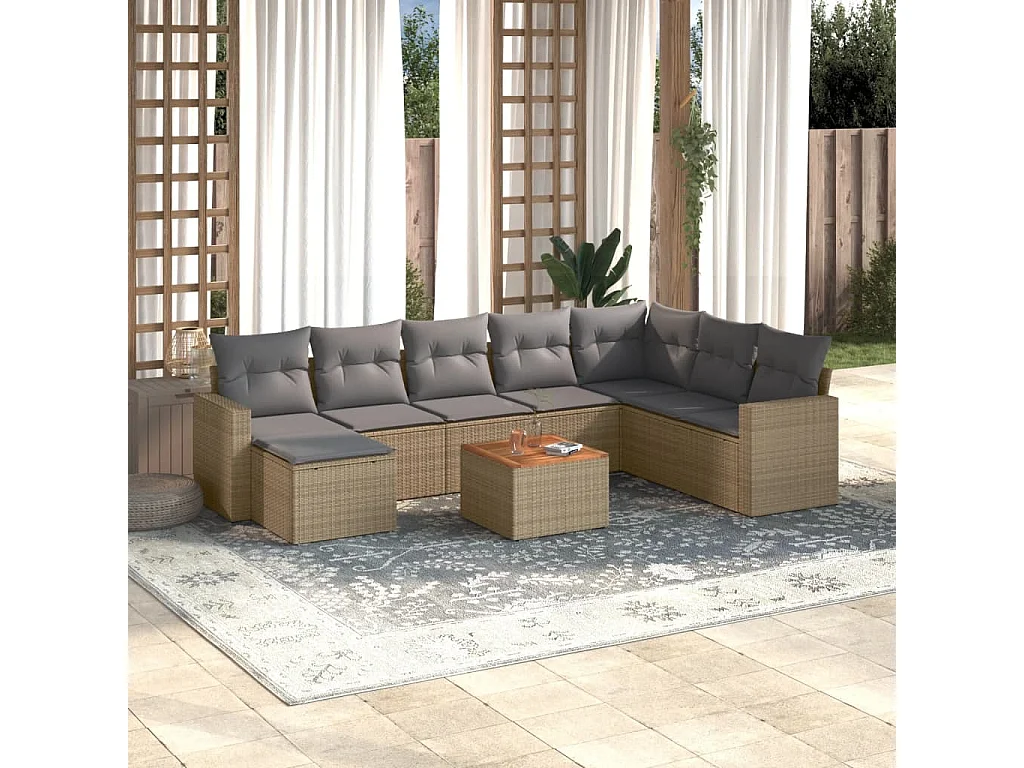 Set Divano da Giardino 9 pz con Cuscini Beige Misto Polyrattan