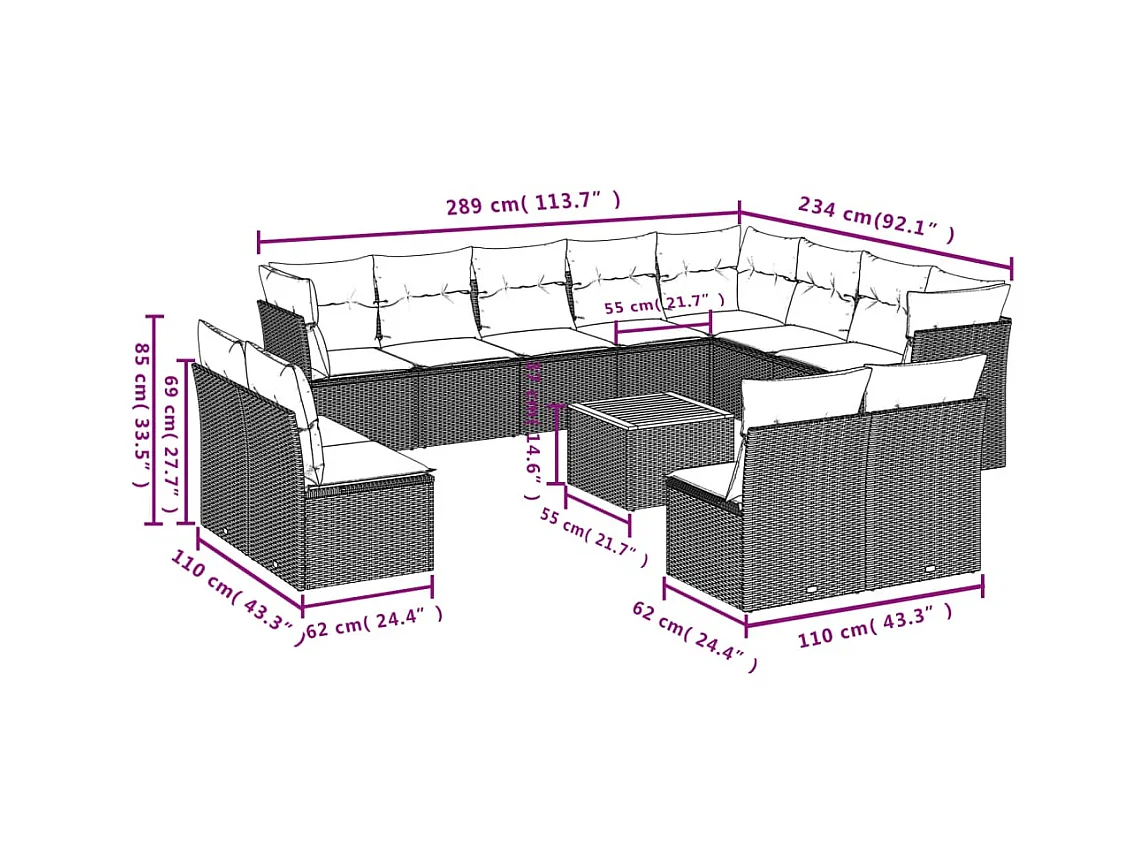 Set Divano da Giardino 13 pz con Cuscini Beige Misto Polyrattan