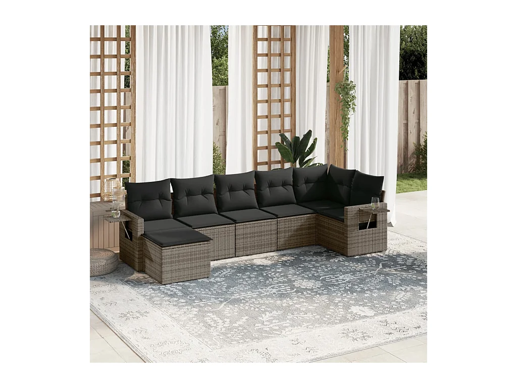 7-tlg. Garten-Sofagarnitur mit Kissen Grau Poly Rattan