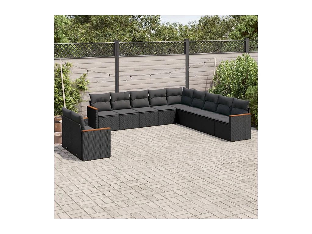 Salon de jardin 11 pcs avec coussins noir résine tressée