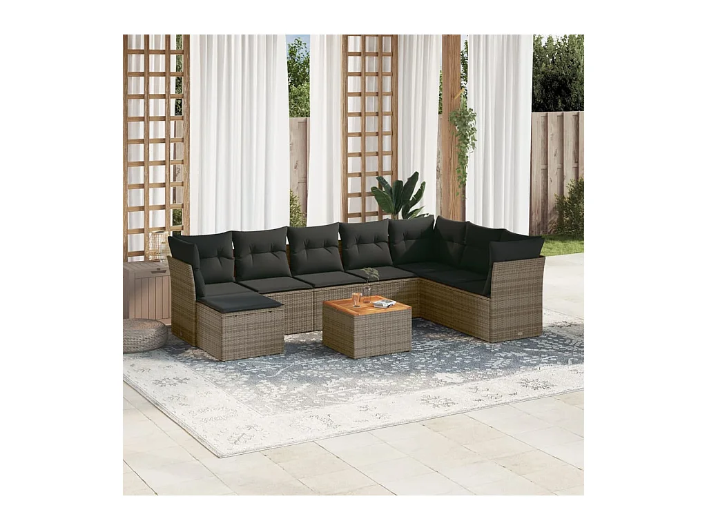 Set de muebles de jardín 9 pzas y cojines ratán sintético gris