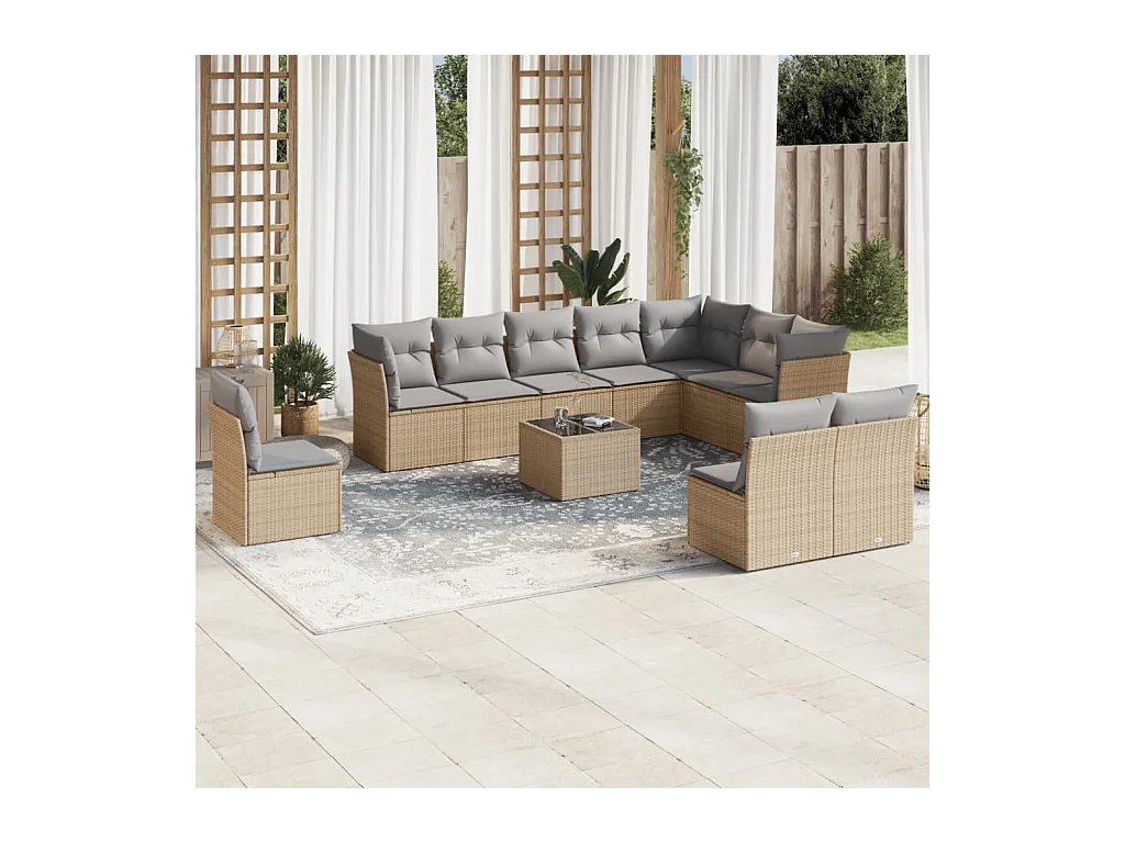 11-tlg. Garten-Sofagarnitur mit Kissen Beige Poly Rattan