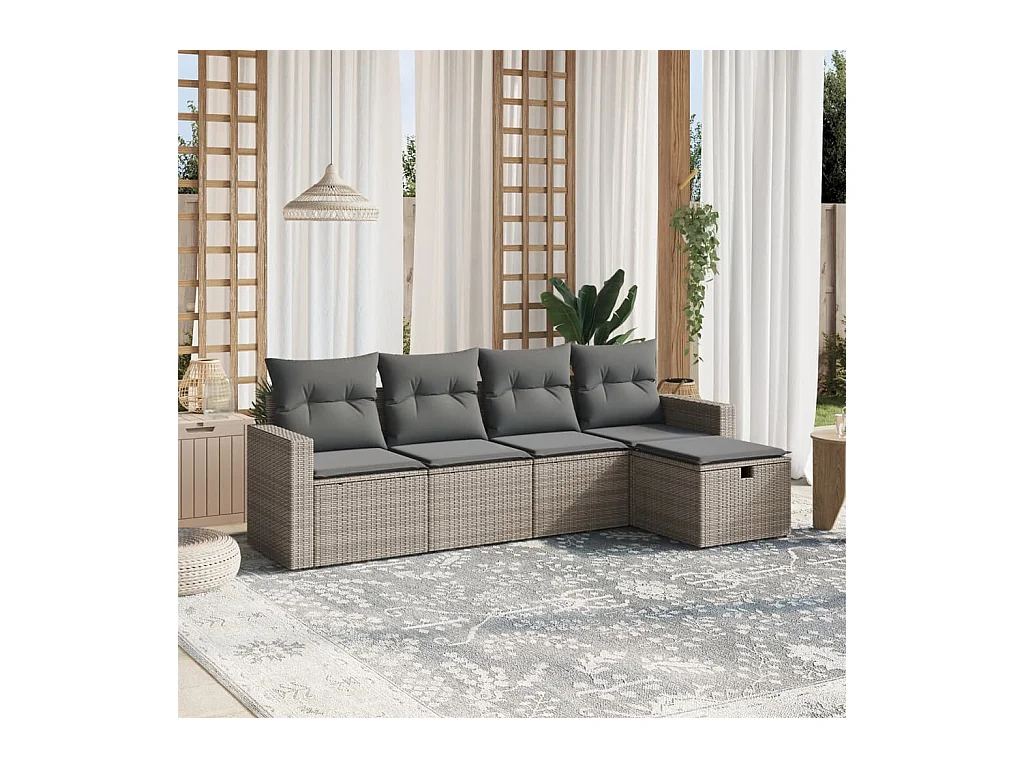 5-tlg. Garten-Sofagarnitur mit Kissen Grau Poly Rattan