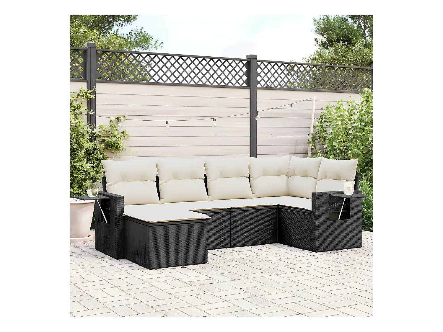 Salon de jardin 6 pcs avec coussins noir résine tressée