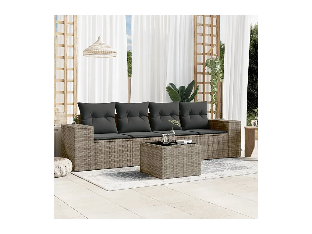 5-delige Loungeset met kussens poly rattan grijs