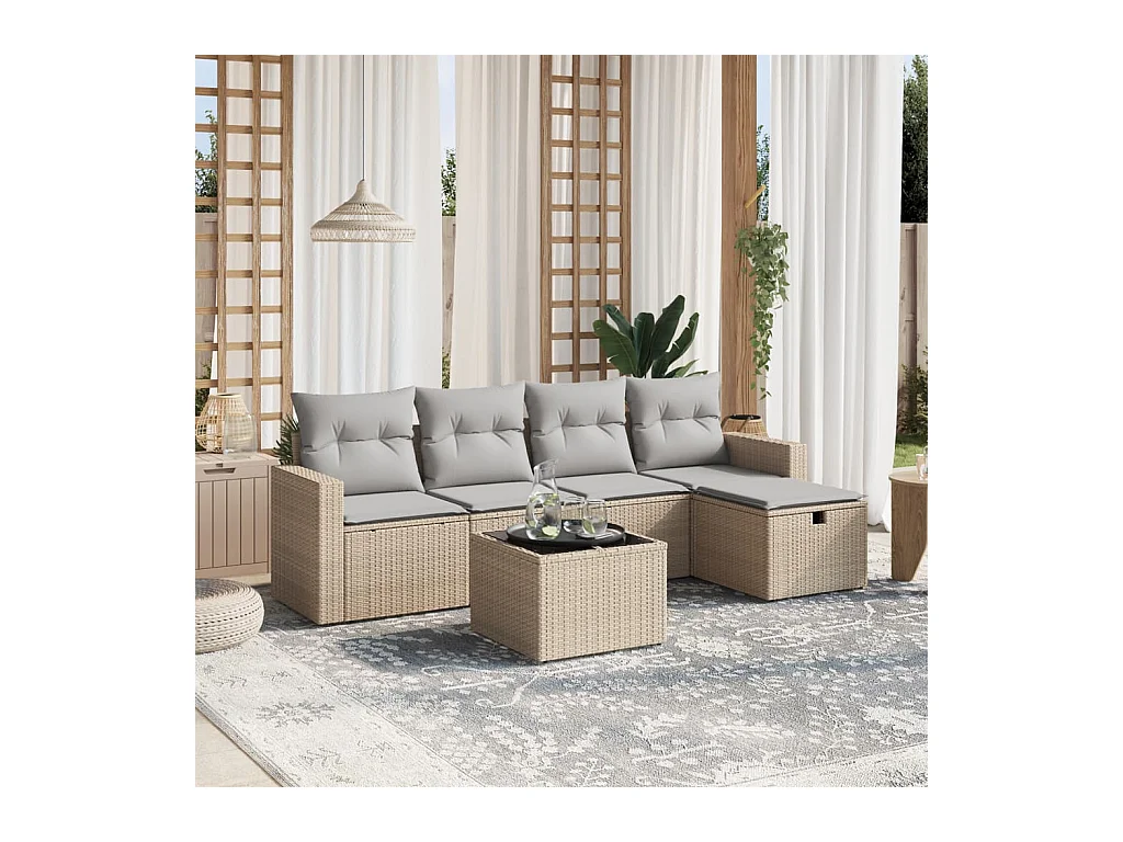 Set Divano da Giardino 6 pz con Cuscini Beige Misto Polyrattan