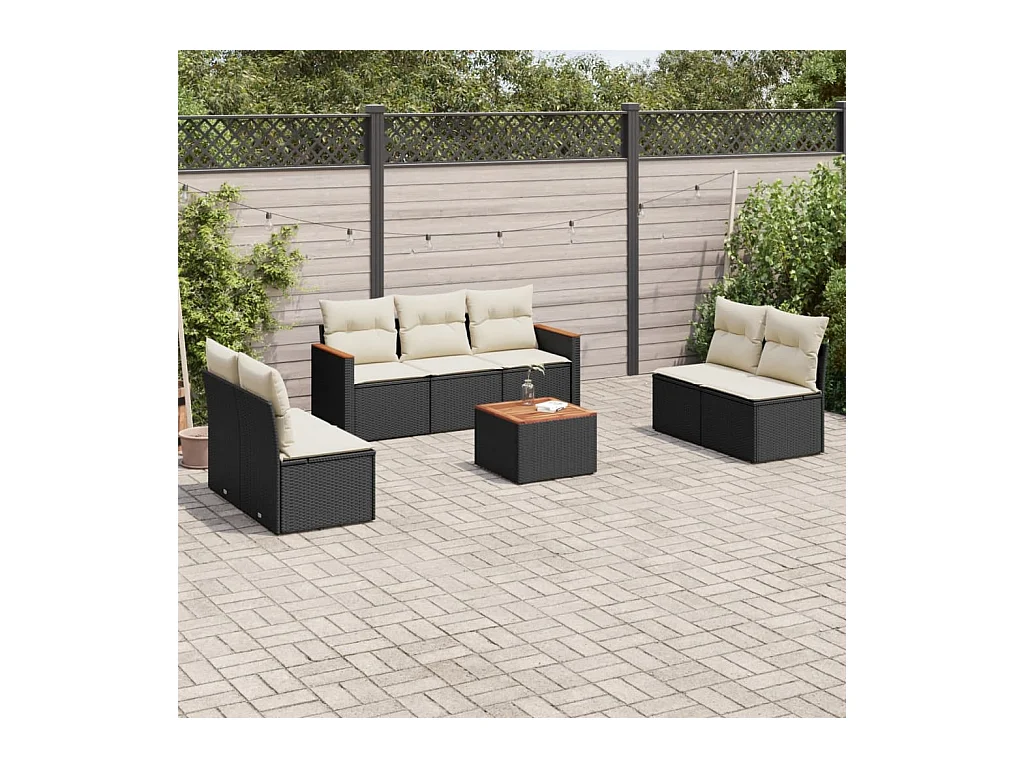 8-delige Loungeset met kussens poly rattan zwart