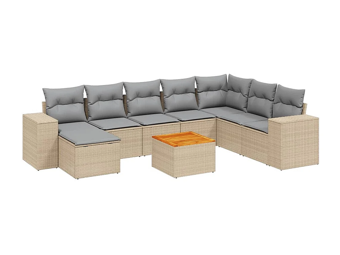 9-delige Loungeset met kussens poly rattan beige