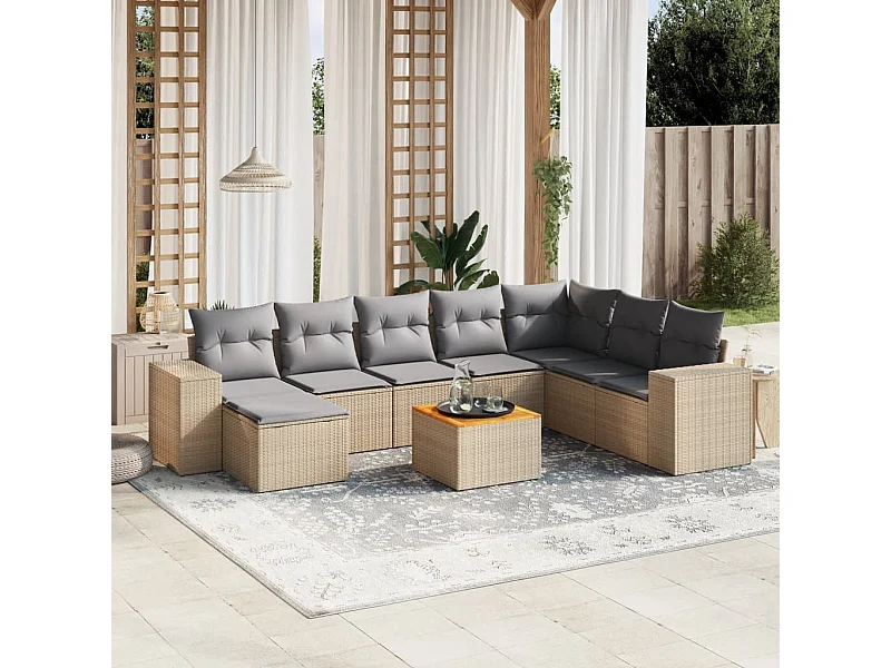 Set Divano da Giardino 9 pz con Cuscini Beige in Polyrattan