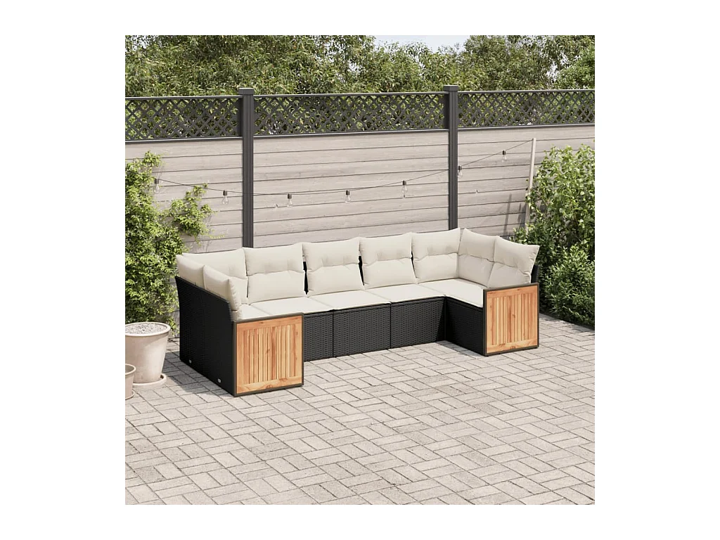 Salon de jardin 7 pcs avec coussins noir résine tressée