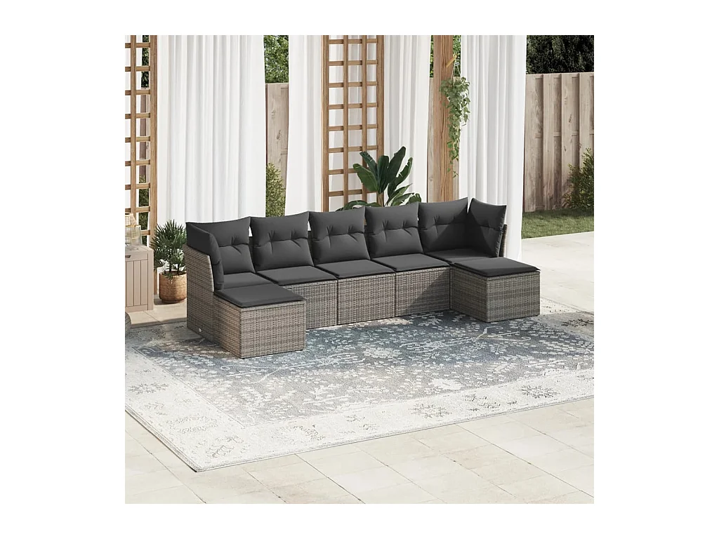Set de sofás de jardín 7 piezas con cojines ratán PE gris