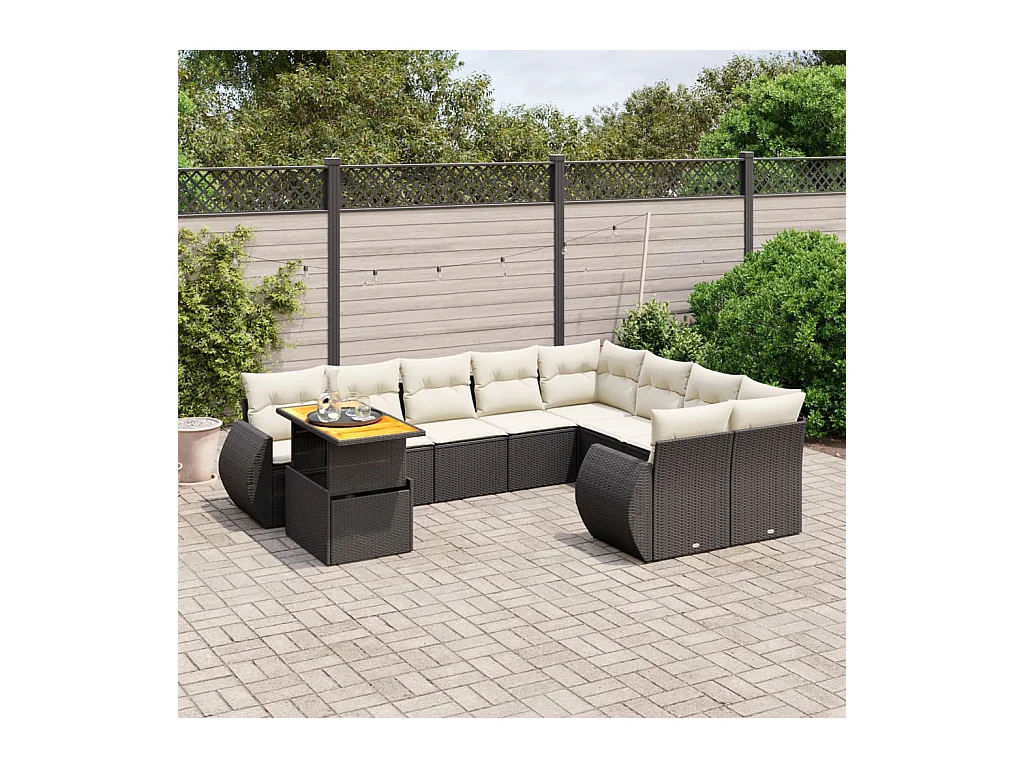 Salon de jardin 10 pcs avec coussins noir résine tressée