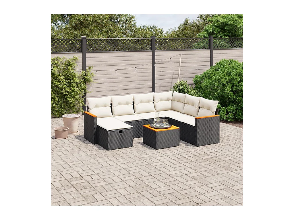 Salon de jardin 8 pcs avec coussins noir résine tressée