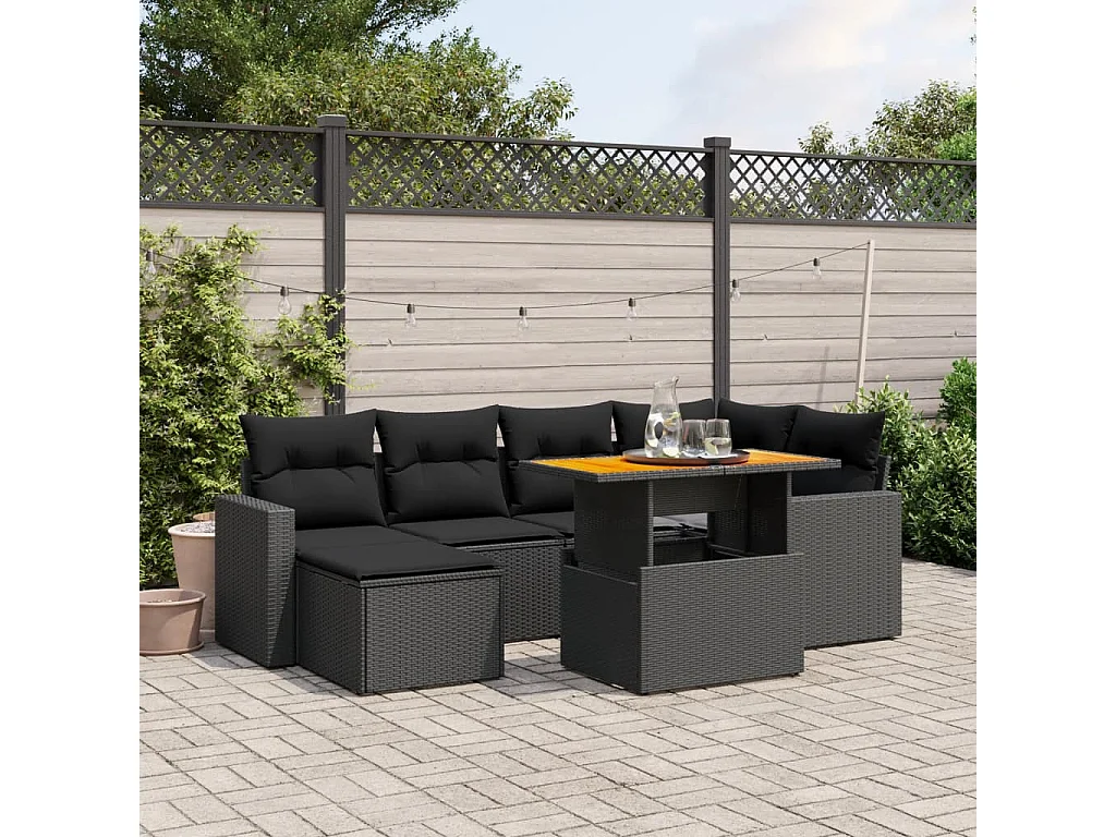 7-tlg. Garten-Sofagarnitur mit Kissen Schwarz Poly Rattan