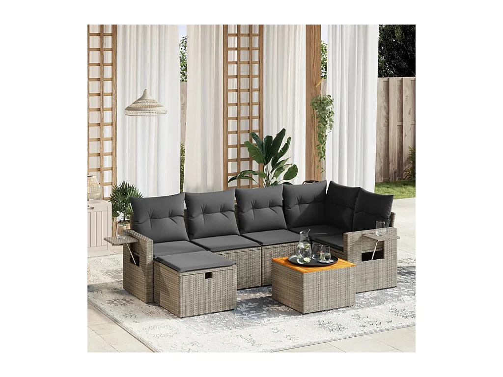 Salon de jardin avec coussins 7 pcs gris résine tressée