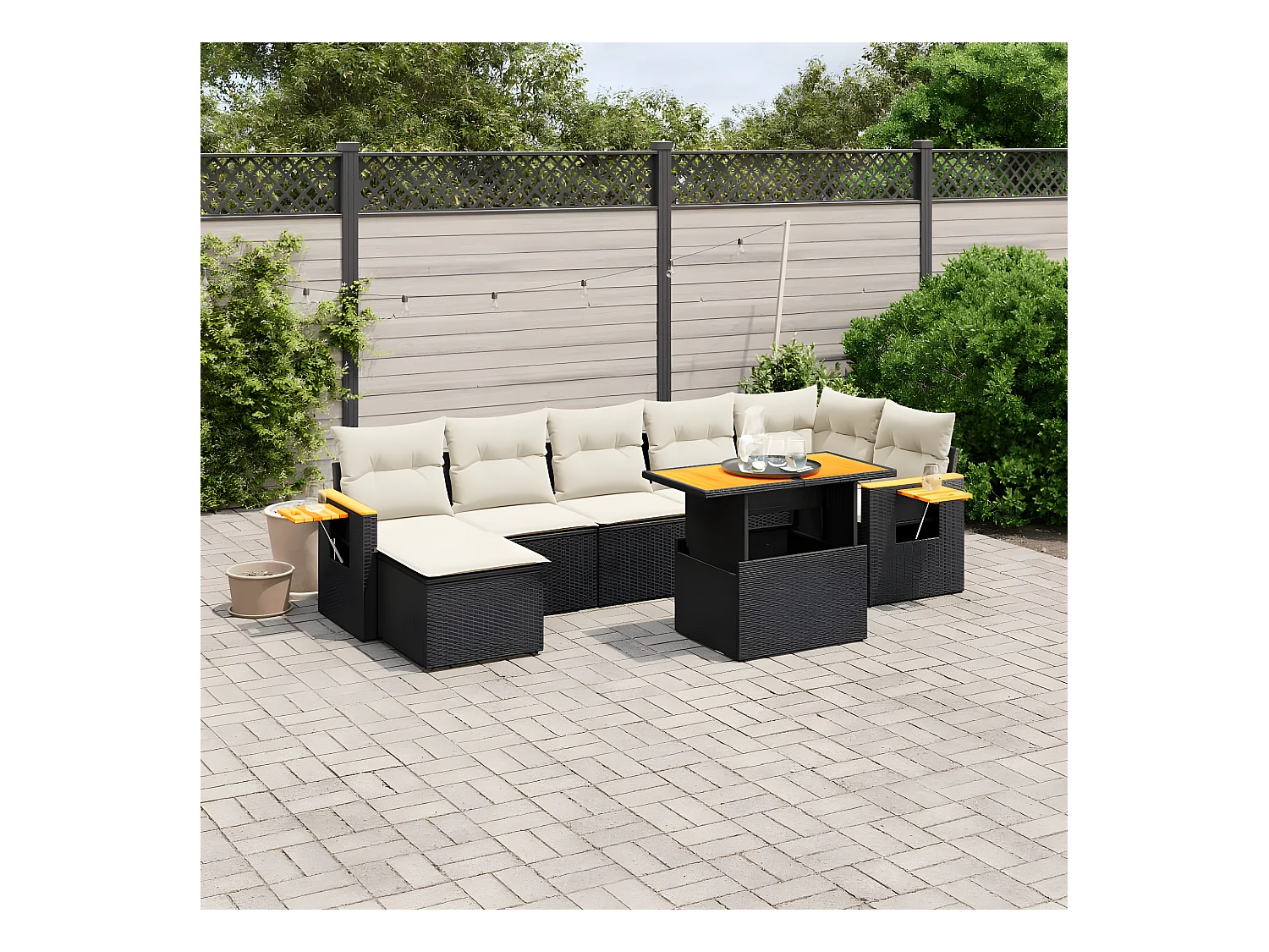 Salon de jardin 8 pcs avec coussins noir résine tressée
