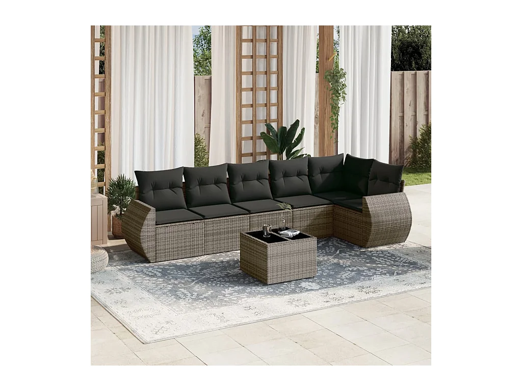 Salon de jardin avec coussins 7 pcs gris résine tressée
