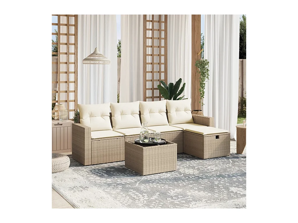 Set Divano da Giardino 6 pz con Cuscini Beige in Polyrattan