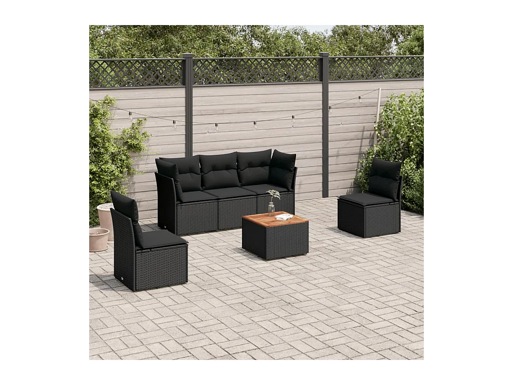 Salon de jardin 6 pcs avec coussins noir résine tressée