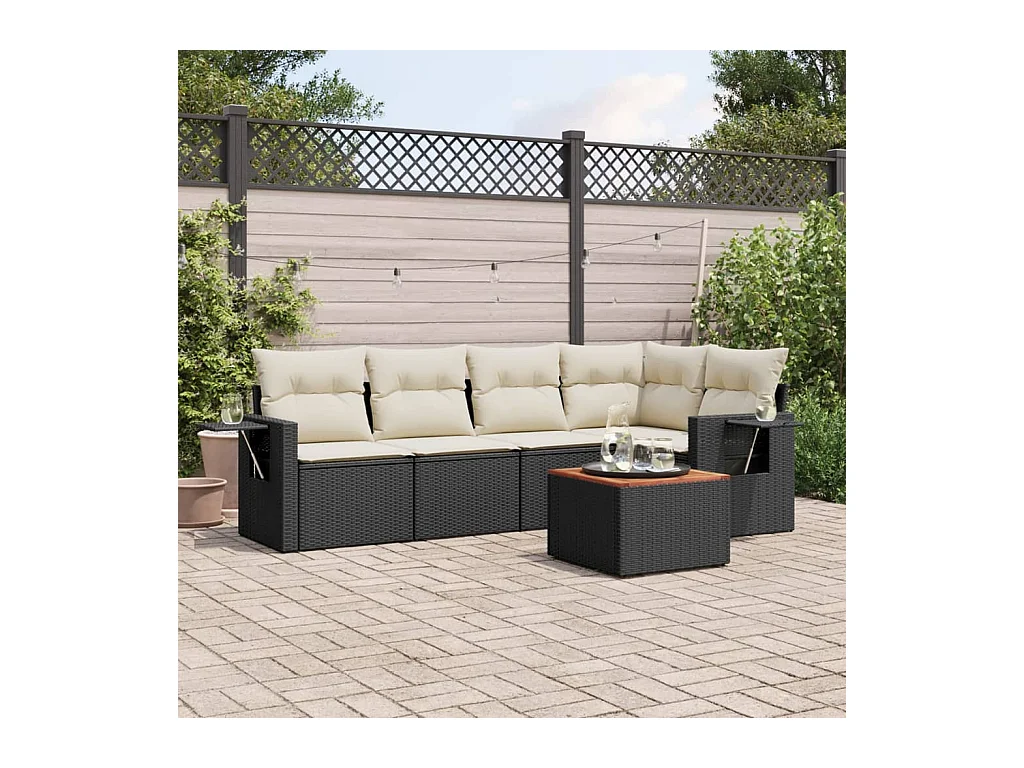 Salon de jardin 6 pcs avec coussins noir résine tressée