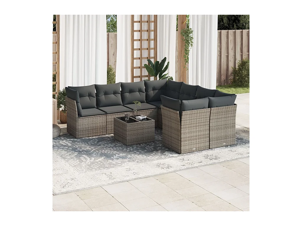 Salon de jardin 9 pcs avec coussins gris résine tressée