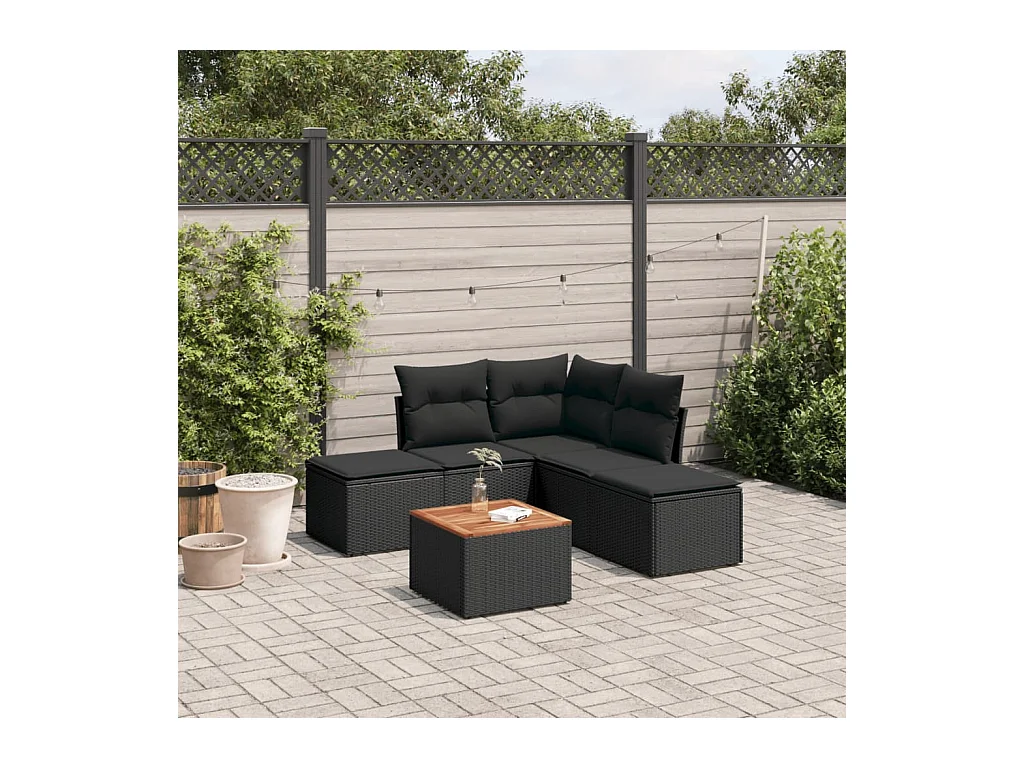 Salon de jardin 6 pcs avec coussins noir résine tressée