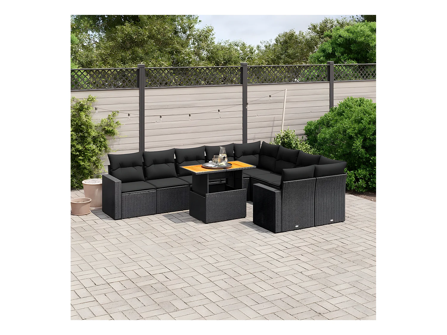 Salon de jardin 10 pcs avec coussins noir résine tressée