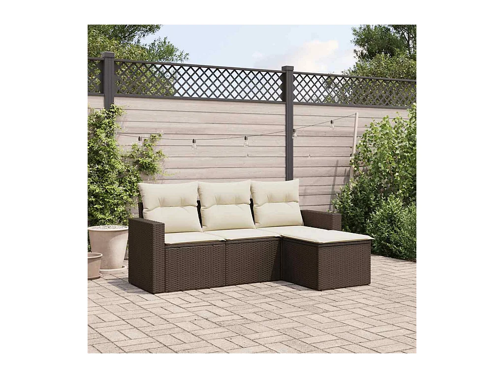 Set Divano da Giardino 4 pz con Cuscini Marrone in Polyrattan