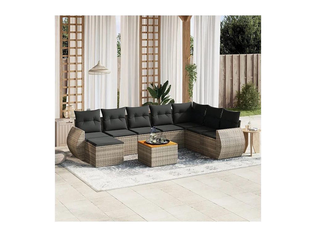 Salon de jardin 9 pcs avec coussins gris résine tressée