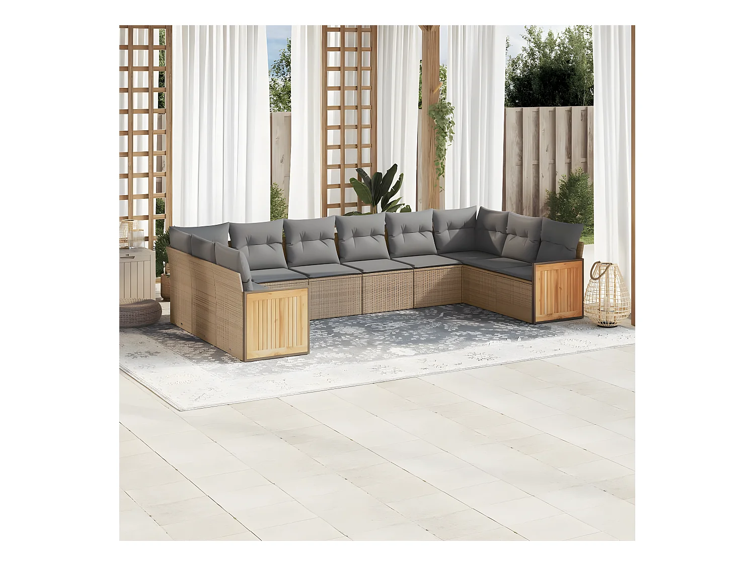 10-delige Loungeset met kussens poly rattan beige