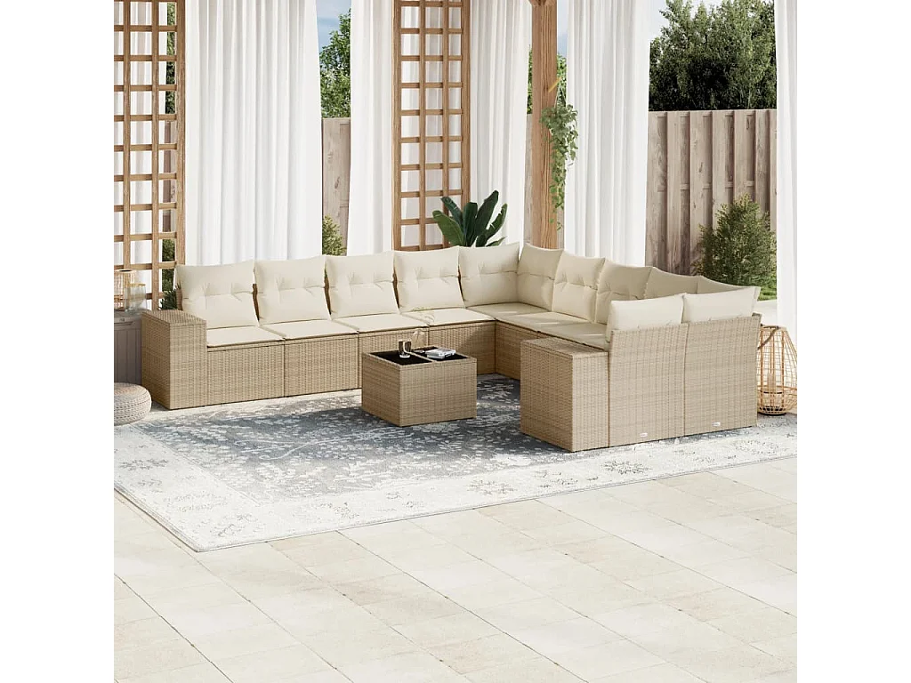 Salon de jardin 11 pcs avec coussins beige résine tressée