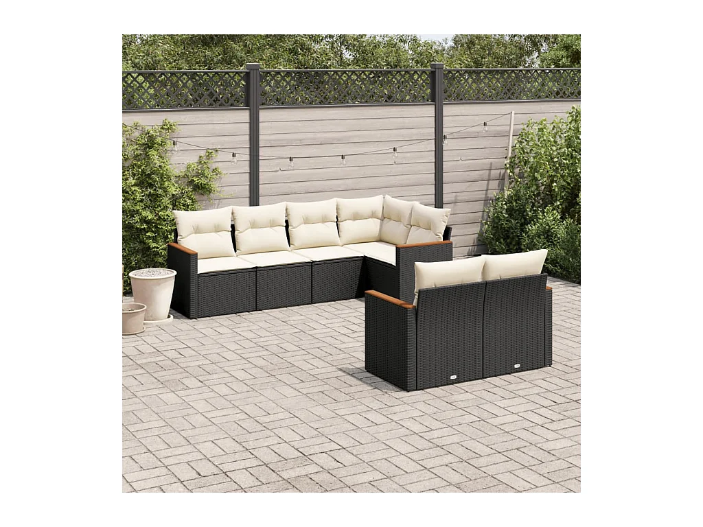 7-delige Loungeset met kussens poly rattan zwart