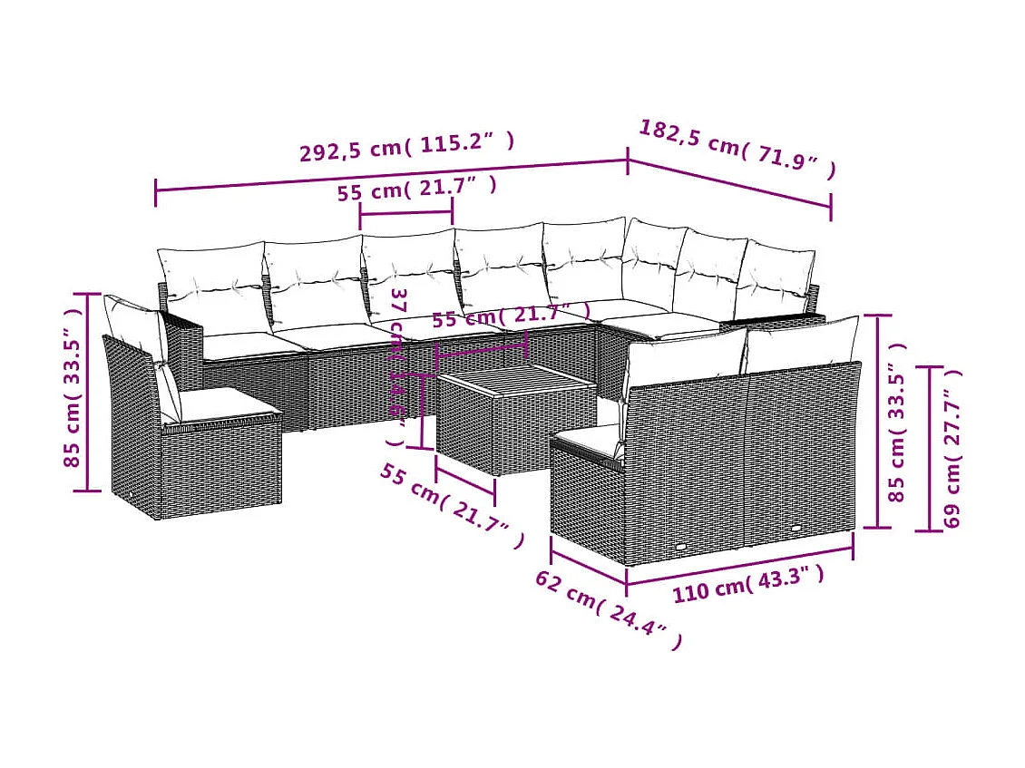 Set Divano da Giardino 11 pz con Cuscini Beige Misto Polyrattan