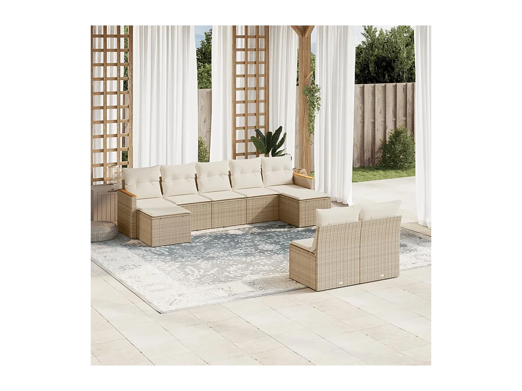 Salon de jardin avec coussins 9 pcs beige résine tressée