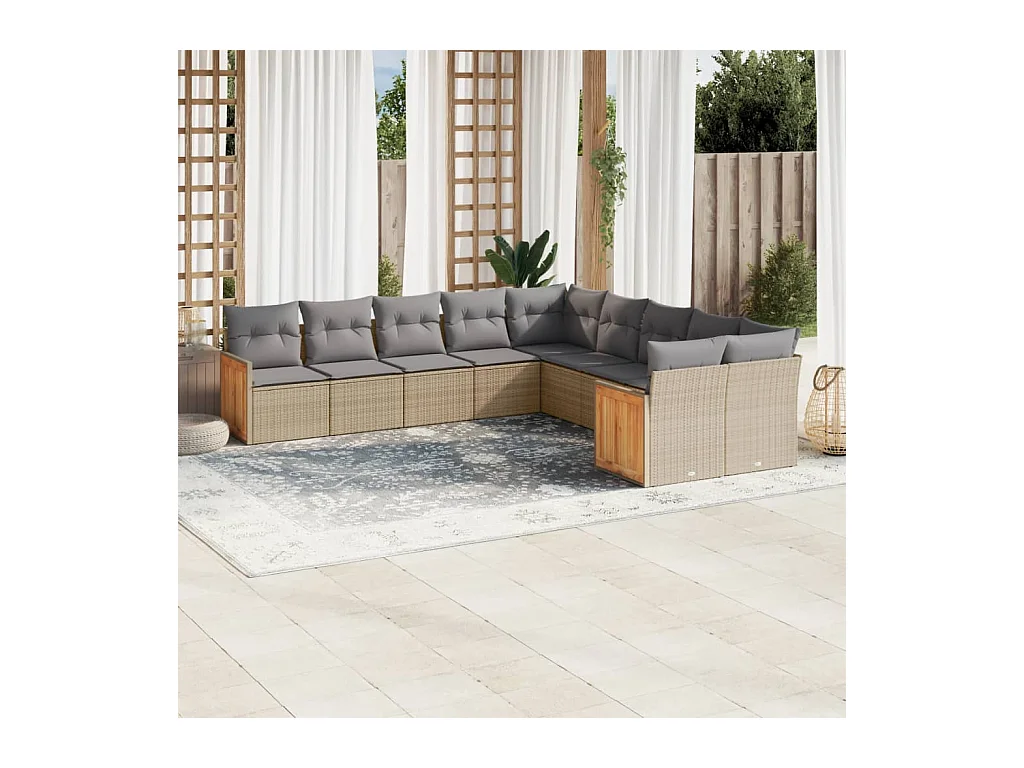 10-tlg. Garten-Sofagarnitur mit Kissen Beige Poly Rattan