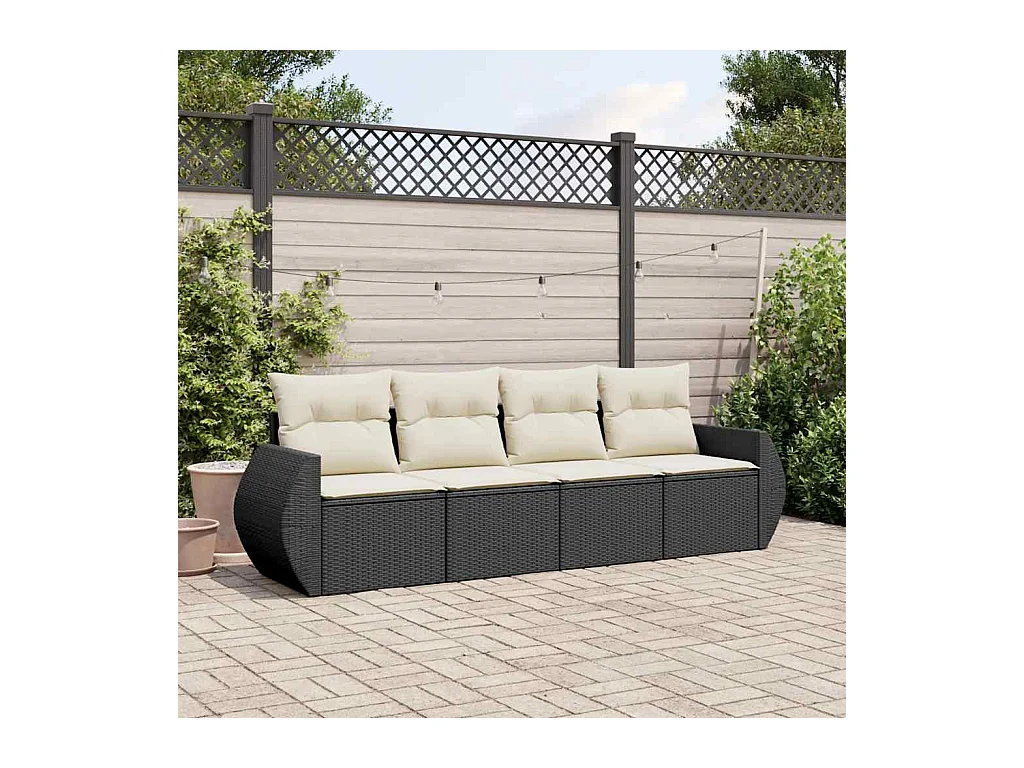 Salon de jardin 4 pcs avec coussins noir résine tressée