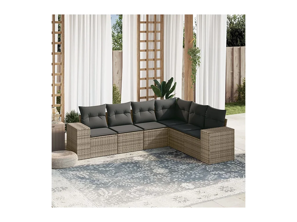 6-delige Loungeset met kussens poly rattan grijs