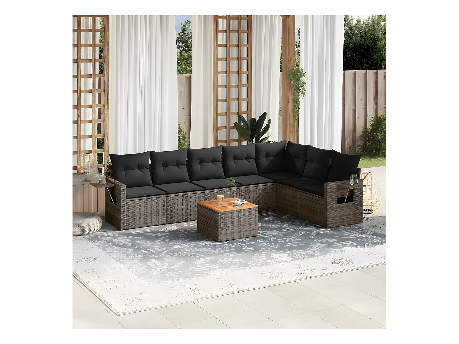 Salon de jardin 8 pcs avec coussins gris résine tressée