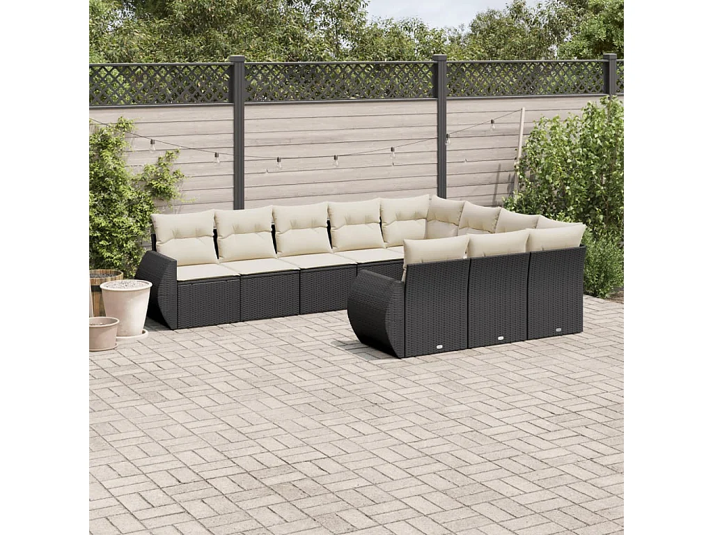 10-tlg. Garten-Sofagarnitur mit Kissen Schwarz Poly Rattan