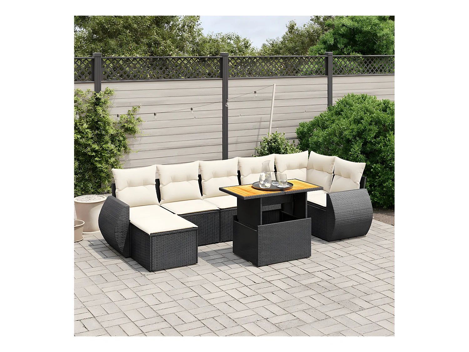 Salon de jardin 8 pcs avec coussins noir résine tressée