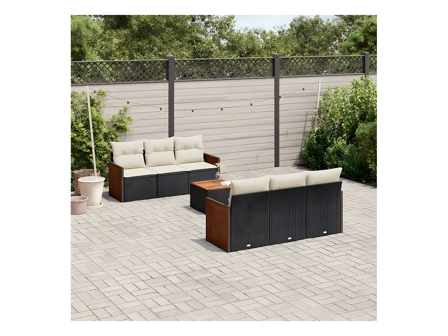 Salon de jardin 7 pcs avec coussins noir résine tressée