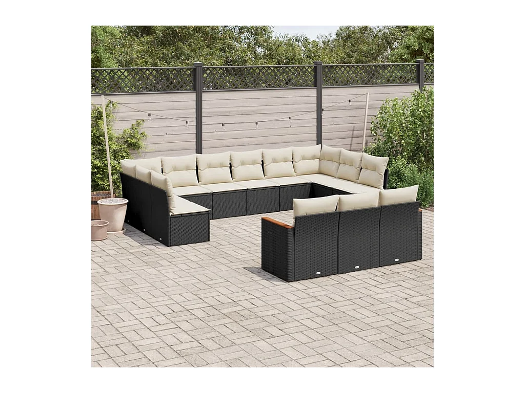 Salon de jardin avec coussins 13 pcs noir résine tressée