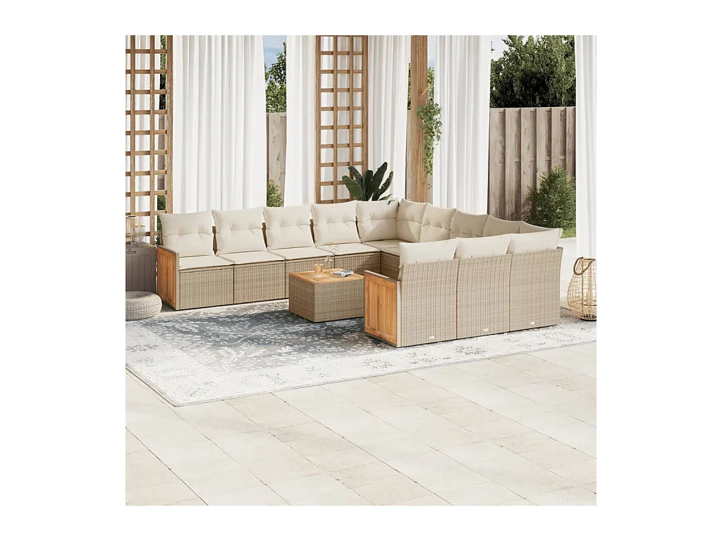 Salon de jardin avec coussins 12 pcs beige résine tressée