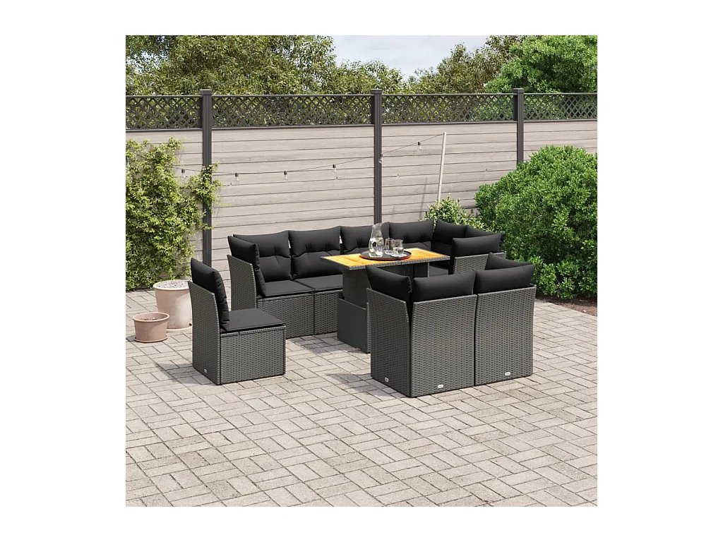 Salon de jardin 9 pcs avec coussins noir résine tressée