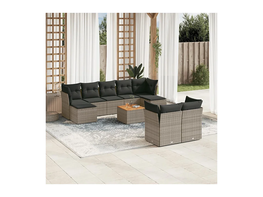 Salon de jardin avec coussins 10 pcs gris résine tressée