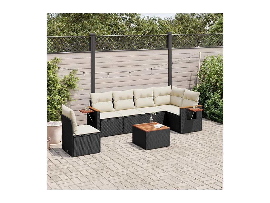 Salon de jardin 7 pcs avec coussins noir résine tressée