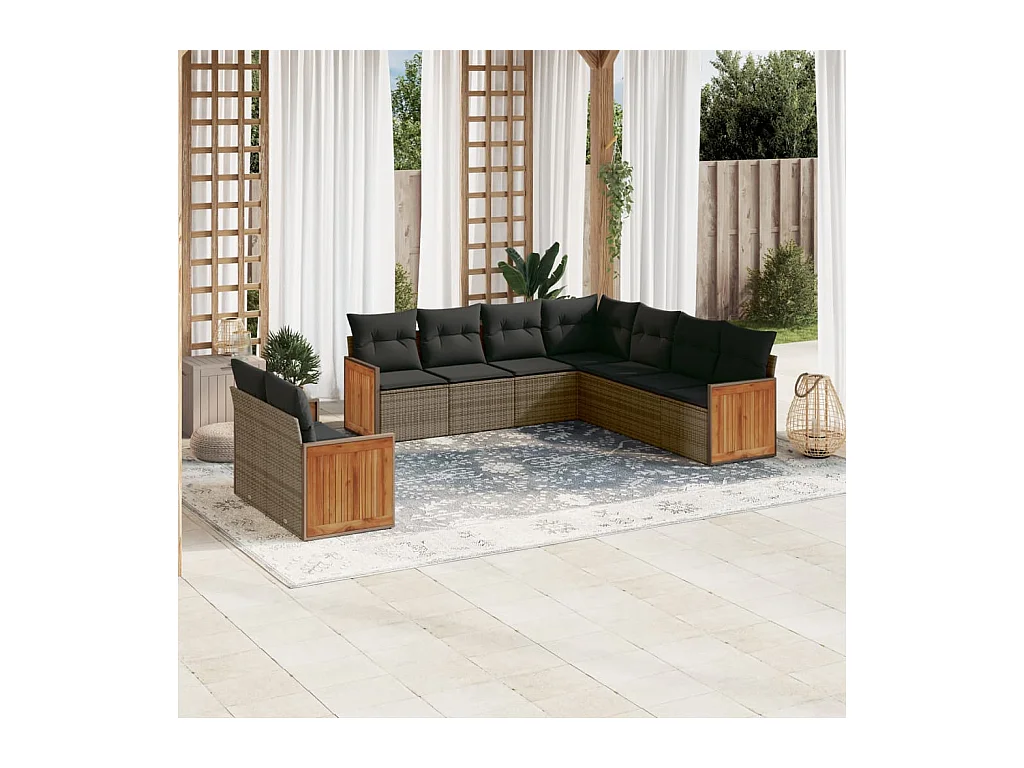 9-tlg. Garten-Sofagarnitur mit Kissen Grau Poly Rattan
