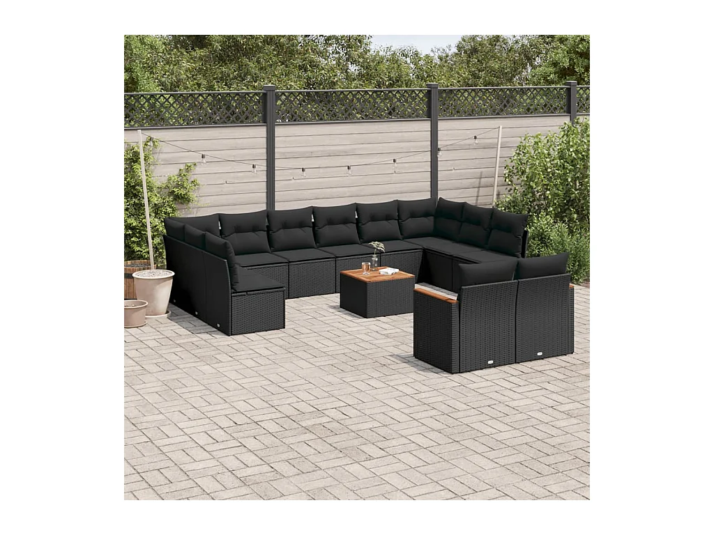 13-delige Loungeset met kussens poly rattan zwart