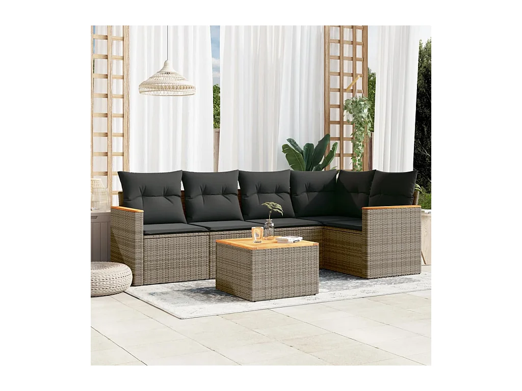 Salon de jardin 6 pcs avec coussins gris résine tressée