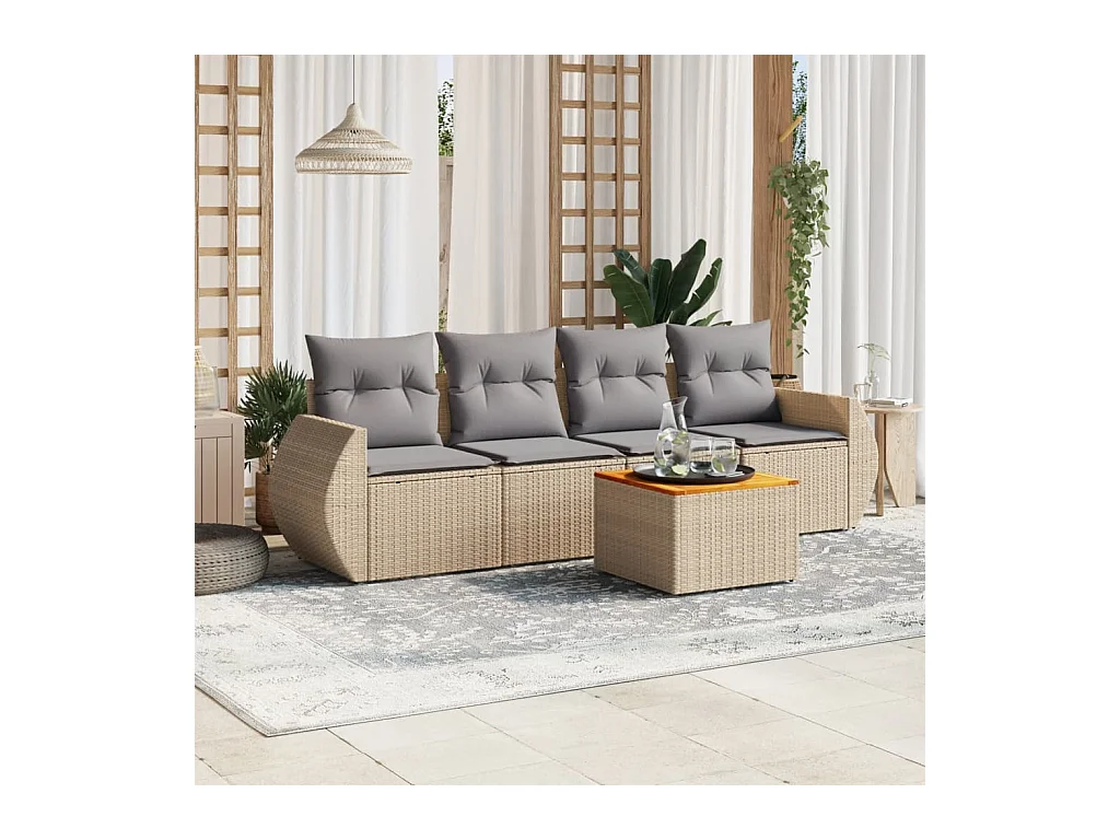 5-delige Loungeset met kussens poly rattan beige